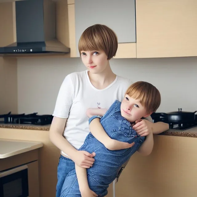 Realistic photo Russian shorthair beautiful 20-years tomboy boyish boylike young mother-in-future wide hips in kitchen