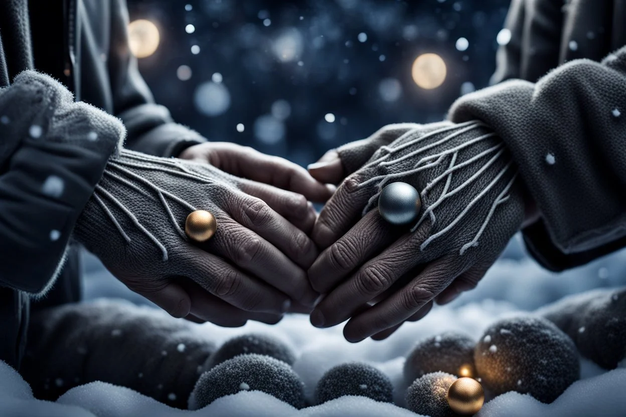 close up photo of several interlocking perfect male and female and child and old human hands holding each other, winter, sharp focus, cold deep colors, gloomy, cinematic, little pale warm lights balls in background,, cold, high realistic, sad mood, perfect shot, perfect composition