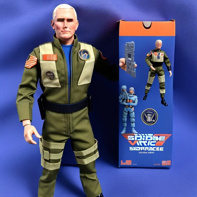 Mike Pence G.I. Joe toy Doll space force uniform, orange blue fabric, guns, wall packaging for sale, bright pricetag, empty box