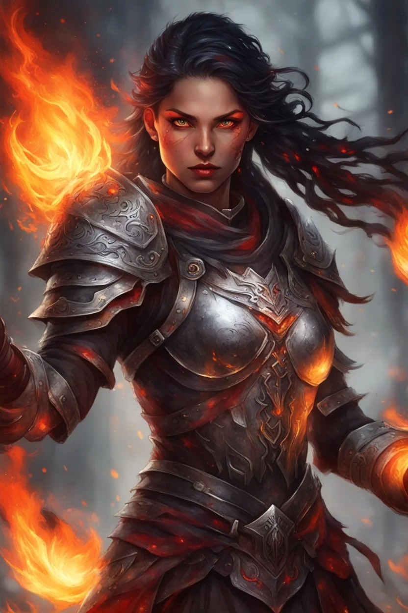 female Paladin Druid with bright red eyes effortlessly conjuring flames. Picture her black, half-braided hair seeming ablaze, surrounded by the glow of magical embers. Clad in lightweight armor, she relies on fire and magic, a scar on her face telling tales of battles on her tanned skin, embodying strength and elemental mastery.