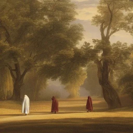 Three men in long hooded robes striding towards a tent in the shade of oak trees at afternoon