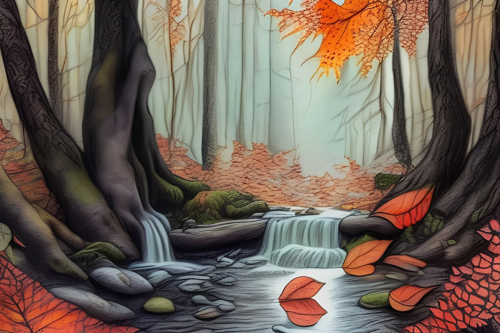 isabel kreitz style, fantasy forest, streamlet, autumn, hyper realistic, realistic shadows, superfine pencil, extremely accurate, delicate, highly detailed, Graphic novel style, wide-angle, open aperture