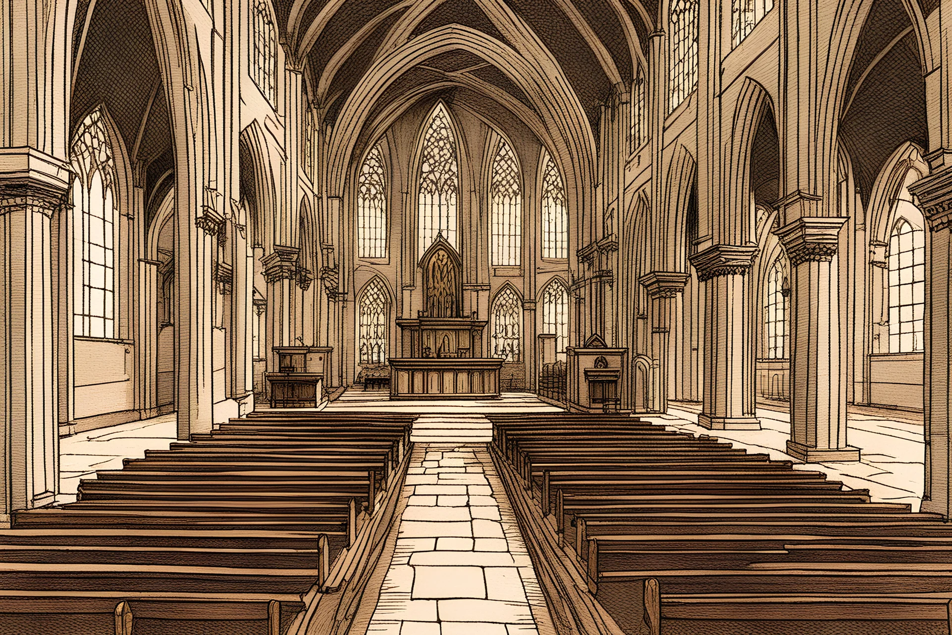 Church interior, hall, medieval, illustration,