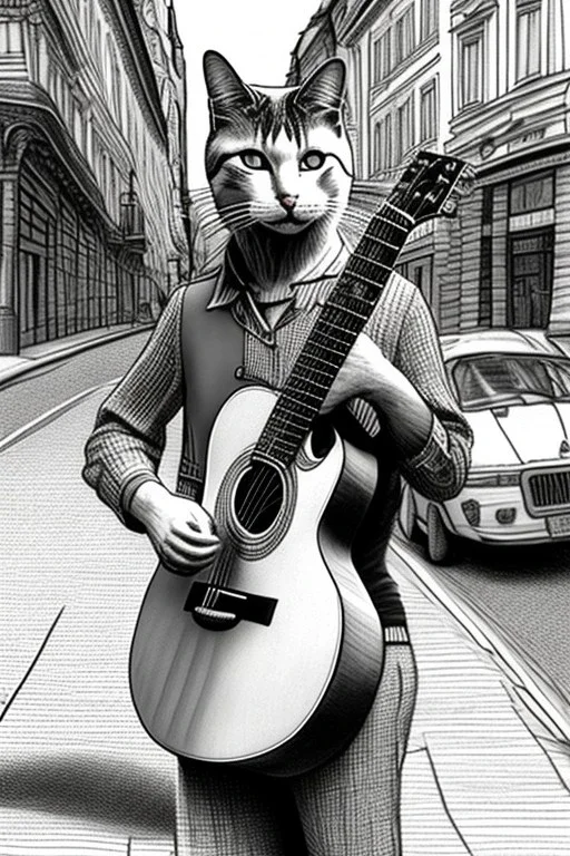 One single mature cat, playing guitar in the street , Vienna, friendly, model style, hyper realistic, extremely accurate, delicate, extremely detailed, Graphic novel style, wide-angle, open aperture, superfine pencil