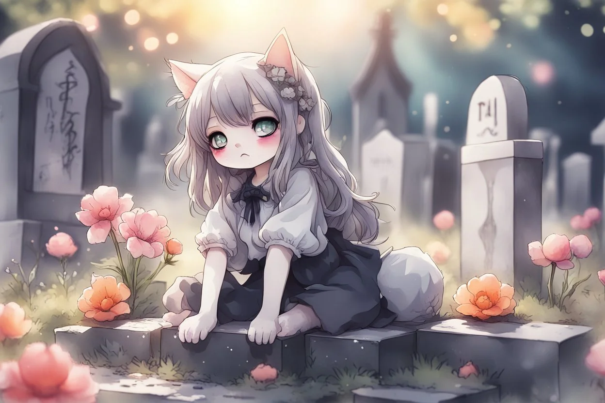 cute chibi anime cat girl in the graveyard, sadly sitting next to a grave, flowers in her hand in sunshine, melting watercolor and black ink outlines on wet paper, shading colors, soft strokes, ethereal, otherwordly, cinematic postprocessing, bokeh, dof