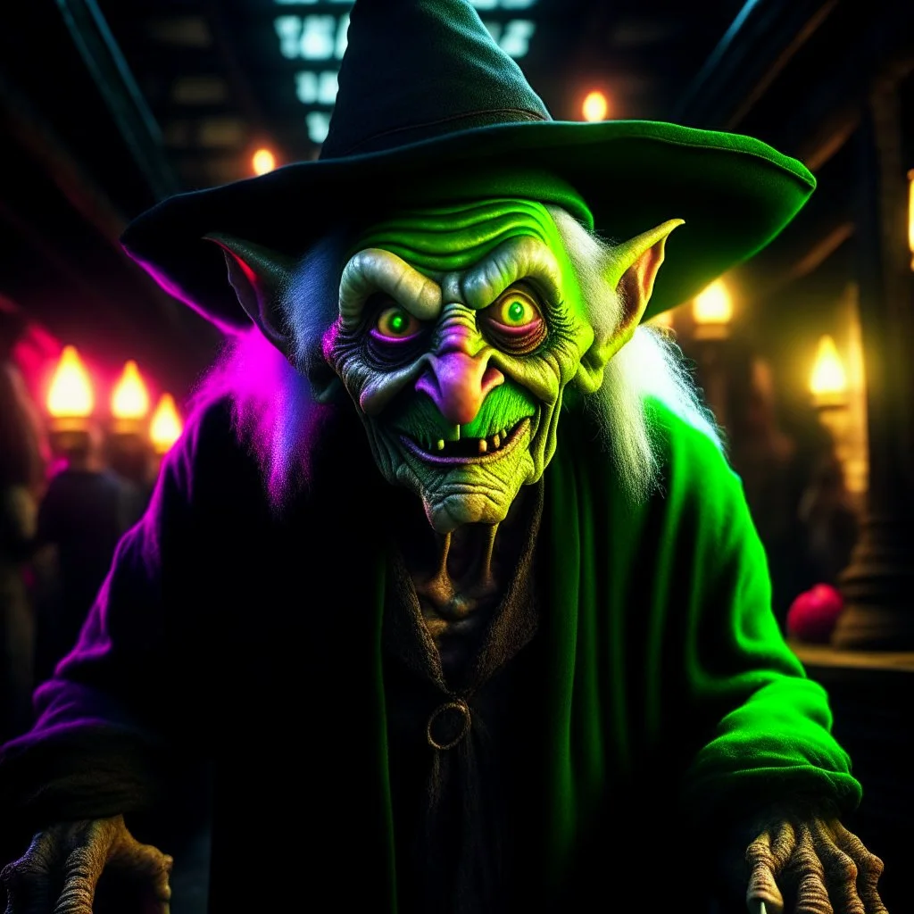 portrait of witch goblin, wild goblin birthday party on underground bridge background , motion blur, 8k, downlight, soft light, depth of field, photorealism, trending on art station, lotsa detail