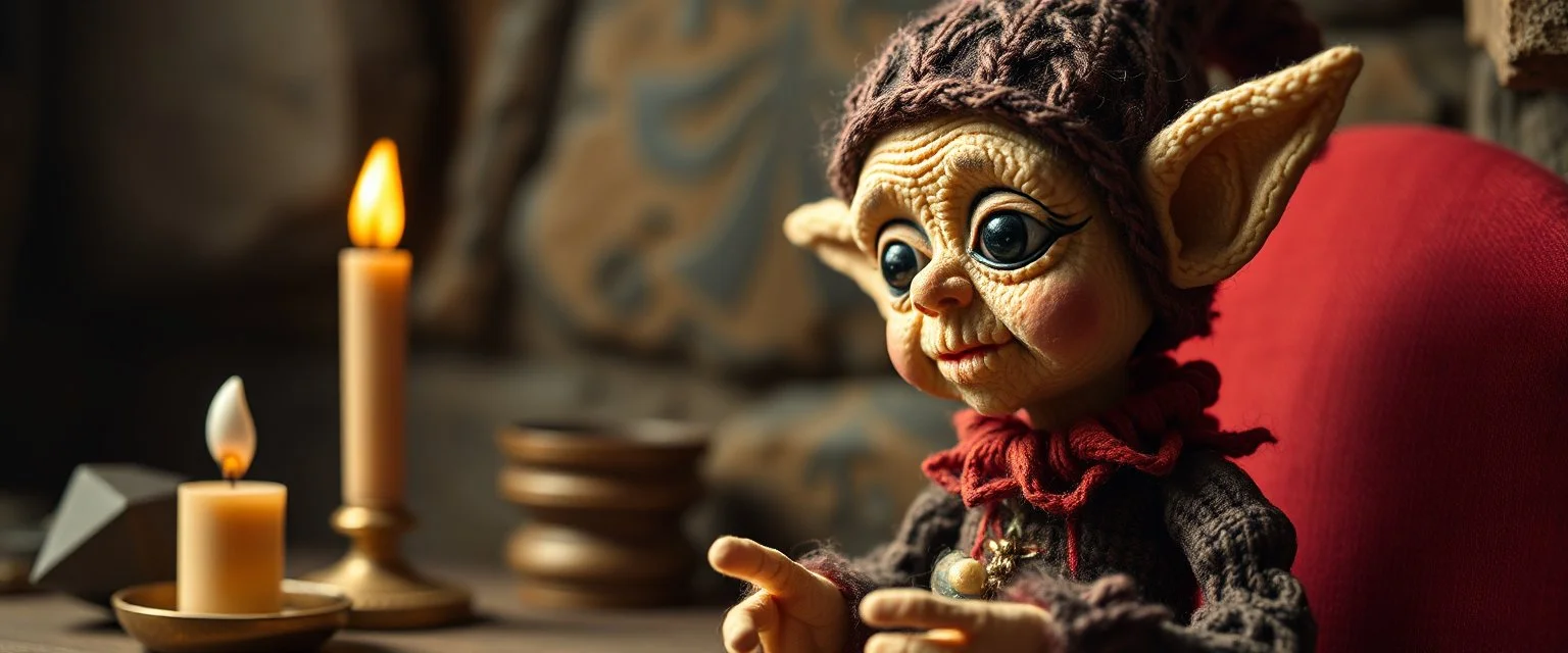 pin hole picture, miniatures on fake scene,master oil painting by Rembrandt, good afternoon bitch scary dark elf character stone age matron malice, close up portrait of a stupid knitted doll trying to explain something weird,