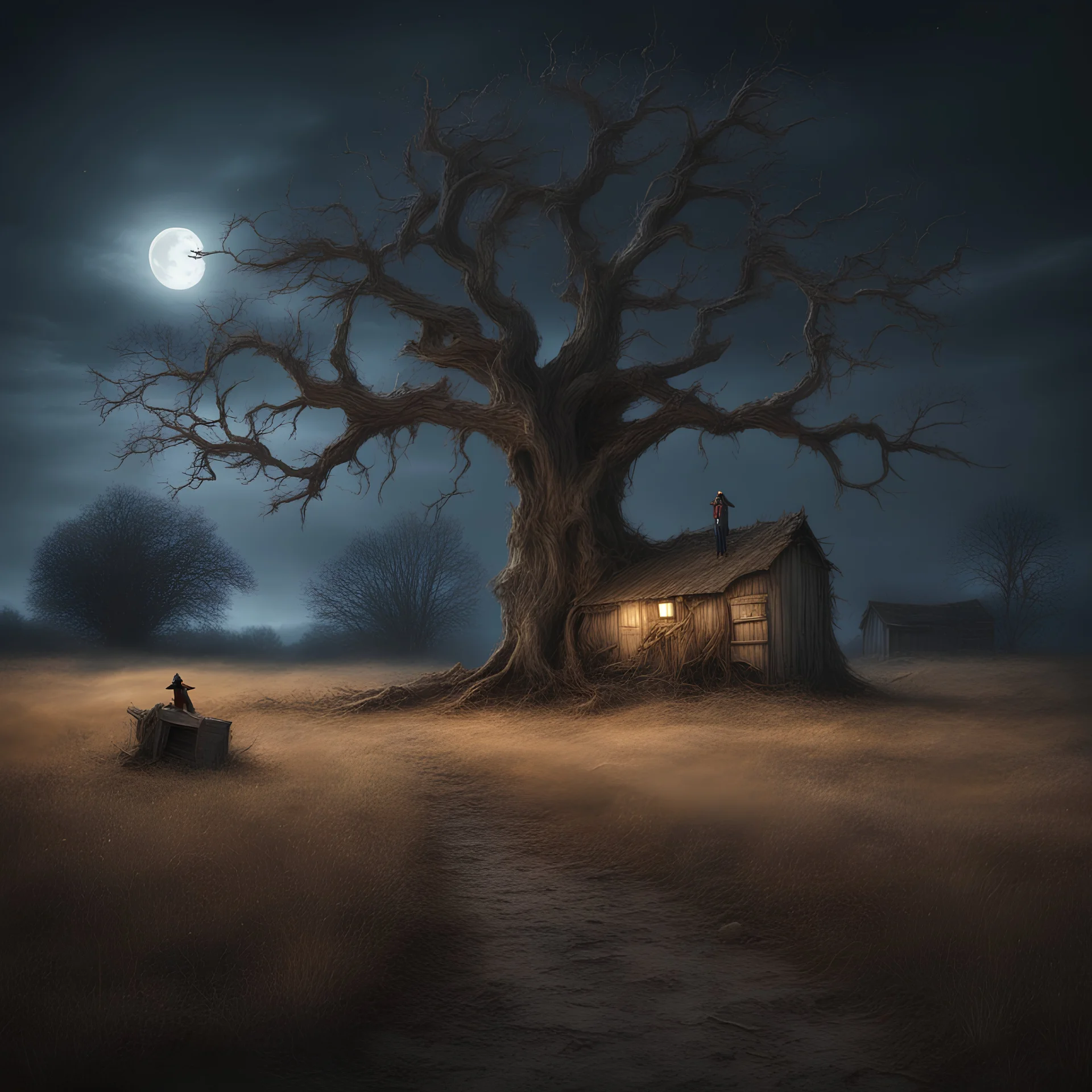 Hyper Realistic Field & dry old tree at night with scarecrow & broken cottage