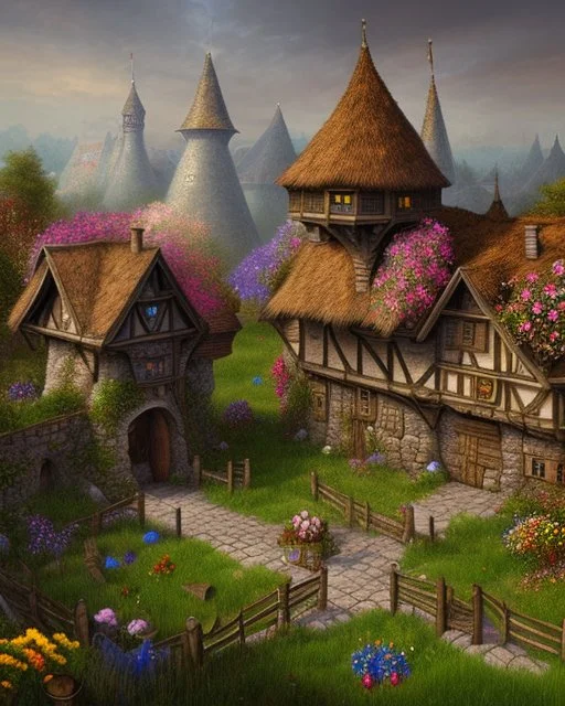 medieval fantasy village with flowers rpg art