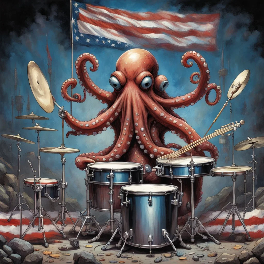 anthropomorphic Octopus with an american flag headband playing drums in a rock and roll band, multiple arms holding drumsticks, expansive drum set, by Tim White, by Aaron Brooks, hyperreal modern comic book art, palpable textures, distressing hues, White's distinctive visceral style, detailed line work, rich sharp colors.