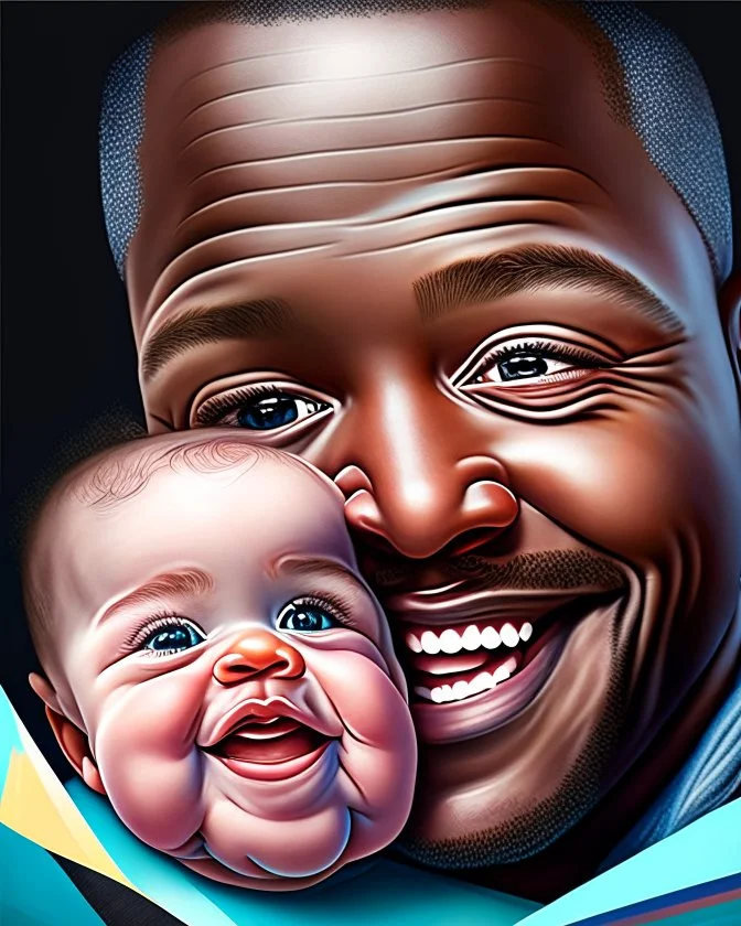 Papá feliz sonriente con su bebé mirándolo a los ojos felíz cuerpo completo colores contrastantes obra de arte arte digital impactante detallado piel trigueña ojos negros hiperrealista 8k coherente