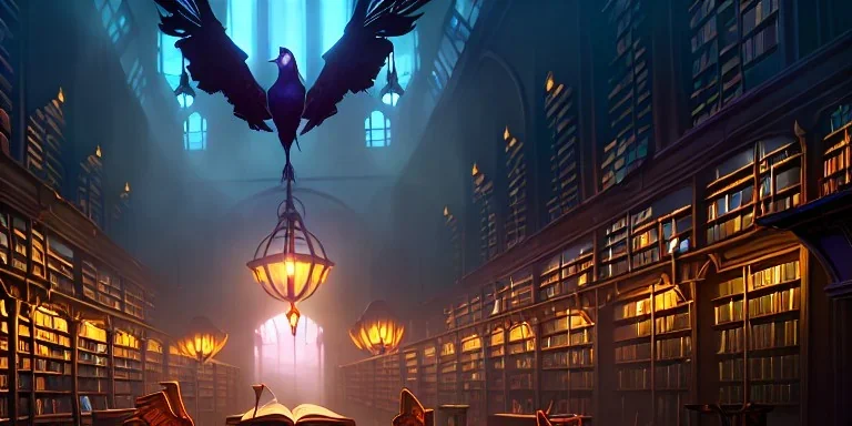 Massive magical ancient library, fantasy, with bird cages hanging from ceiling, misty