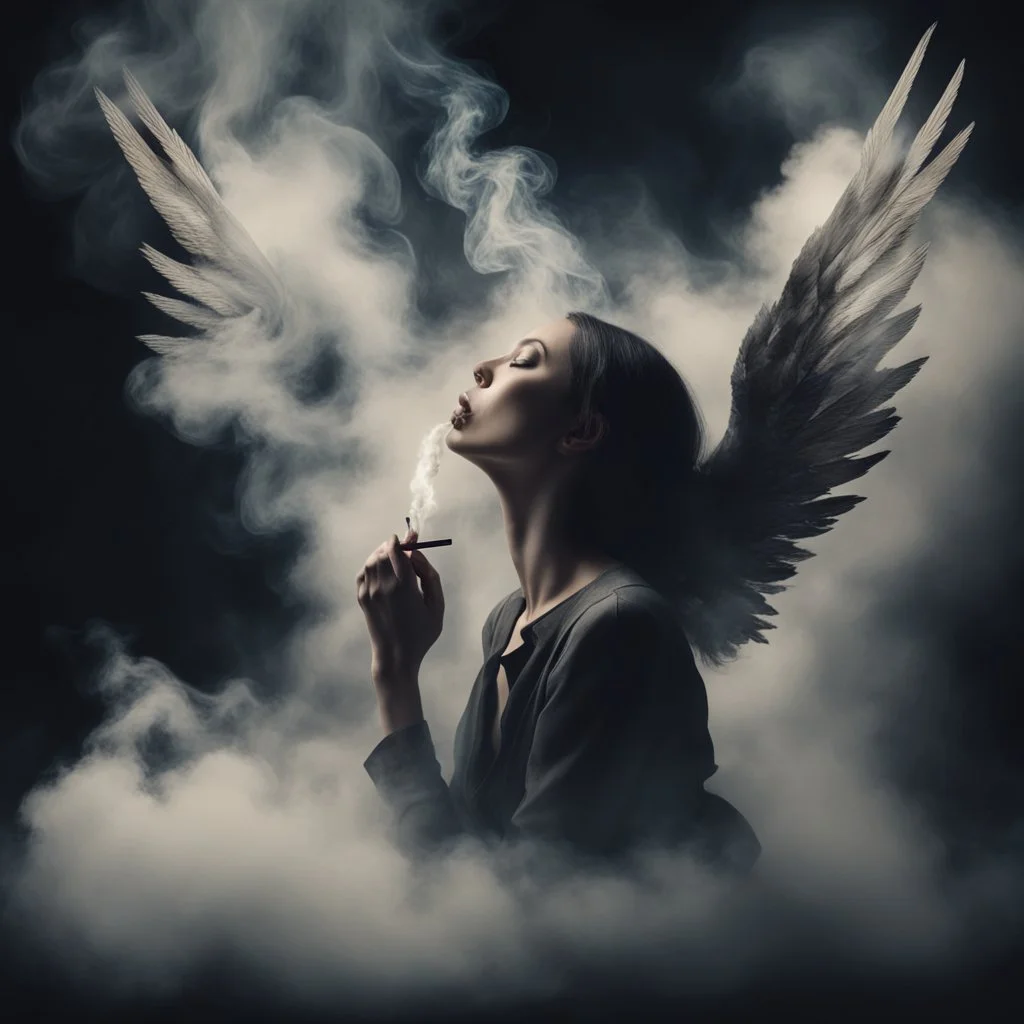 woman sitting forward Her face upward and blows cigarette smoke from their mouth upward. a figure with wings emerging from its back. behind the clouds of smoke look death. dark and mysterious