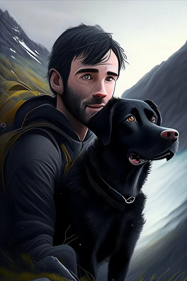 Escape to the mountains, guy and cute realistic black dog
