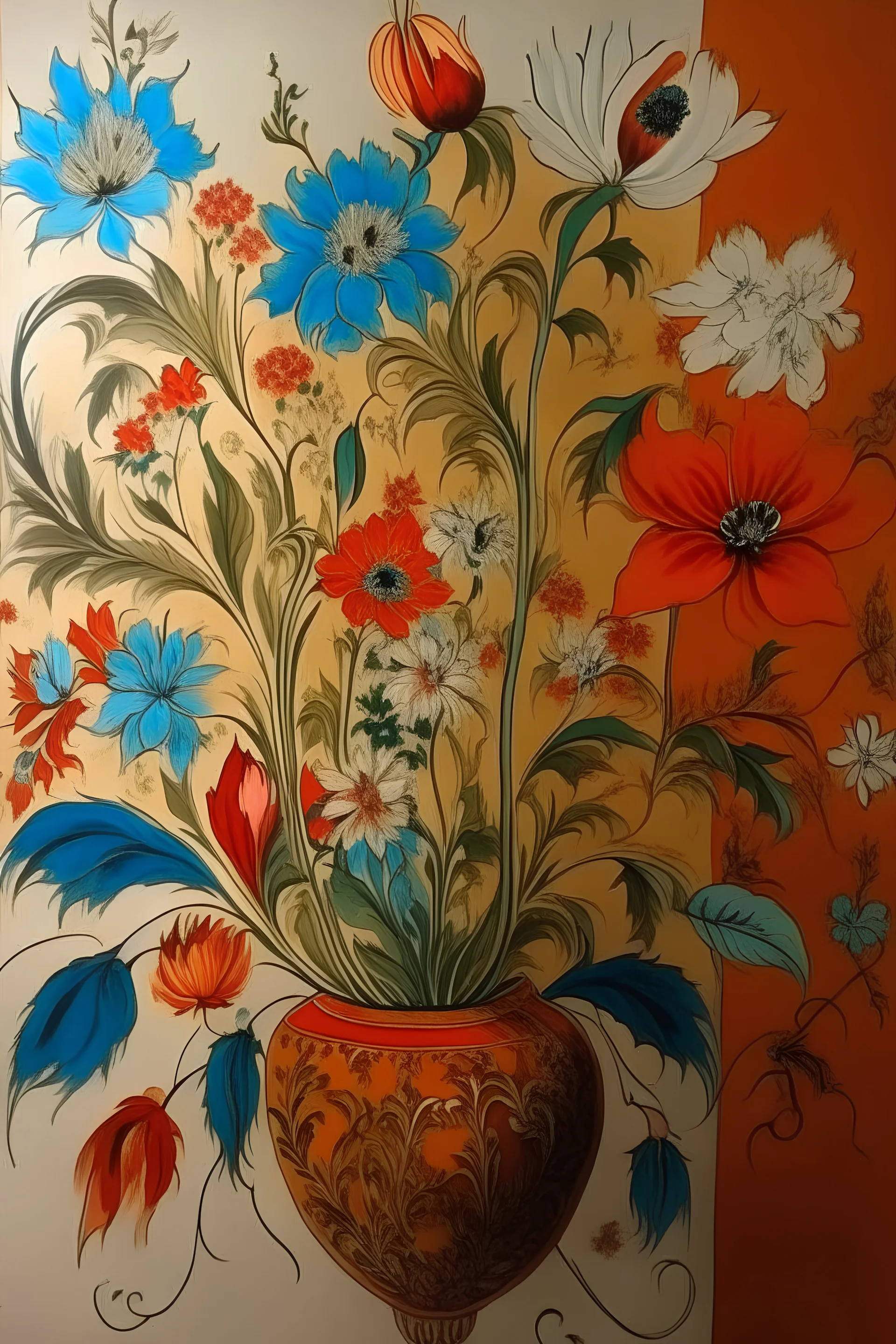 Wall painting. stress. flowers. Persian painting. draaw