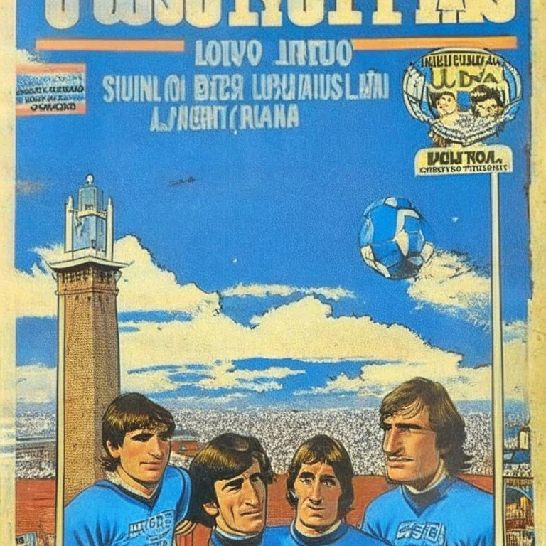 A 1980 medieval london comic cover of uruguayan sky-blue football magazine. At the street city, Monty Pyton. Estadion Centenario Montevideo.