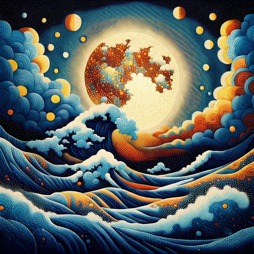 Pointillist artwork. Medium shot. Animated waves and storm clouds partially occlude the huge moon in a nighttime sea storm. Wide angle lens. Mikalojus Konstantinas Ciurlionis inspired pointillism with Miriam Schapiro's vibrant colors. Geometric shapes and patterns reminiscent of Naomi Okubo's style. Screen print textures and pop art aesthetic. Triadic colors with blue, yellow, and red hues. Golden hour glow with symmetrical composition. 8k resolution, highly detailed, trending on Artstation, fol
