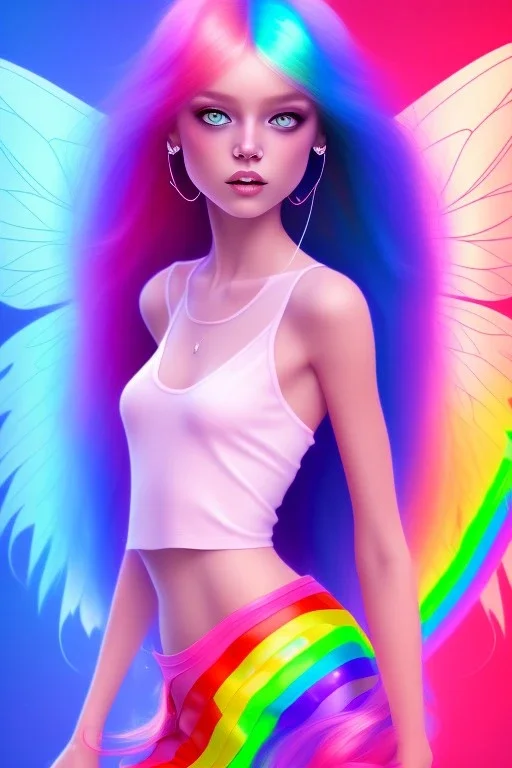 girl, cute, beautiful, long hair, rainbow hair, rainbows, fairy wings, light, smile,