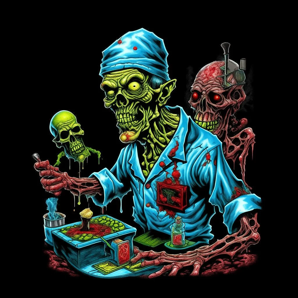 Science experiment Horror surgeon by Richard Corben, Todd Schorr, T-Shirt Design, Black Background