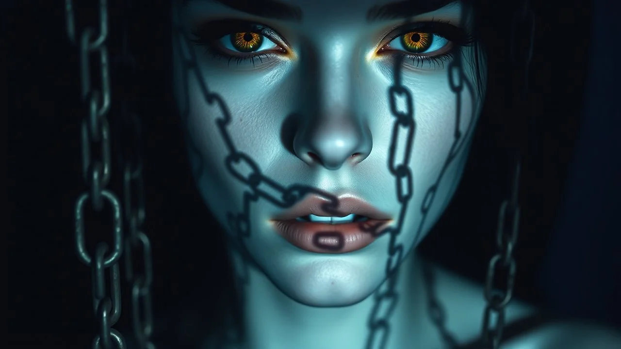 close up pale blue-white face with black shadow dark gold eyes, , void, hyper-realistic detail, floats in deep darkness, deep blue abyss, shadow of chains projected on her face, crepy stunning, dark, surreal vibe with meticulous clean pale skin dark golden eyes, dark shadow