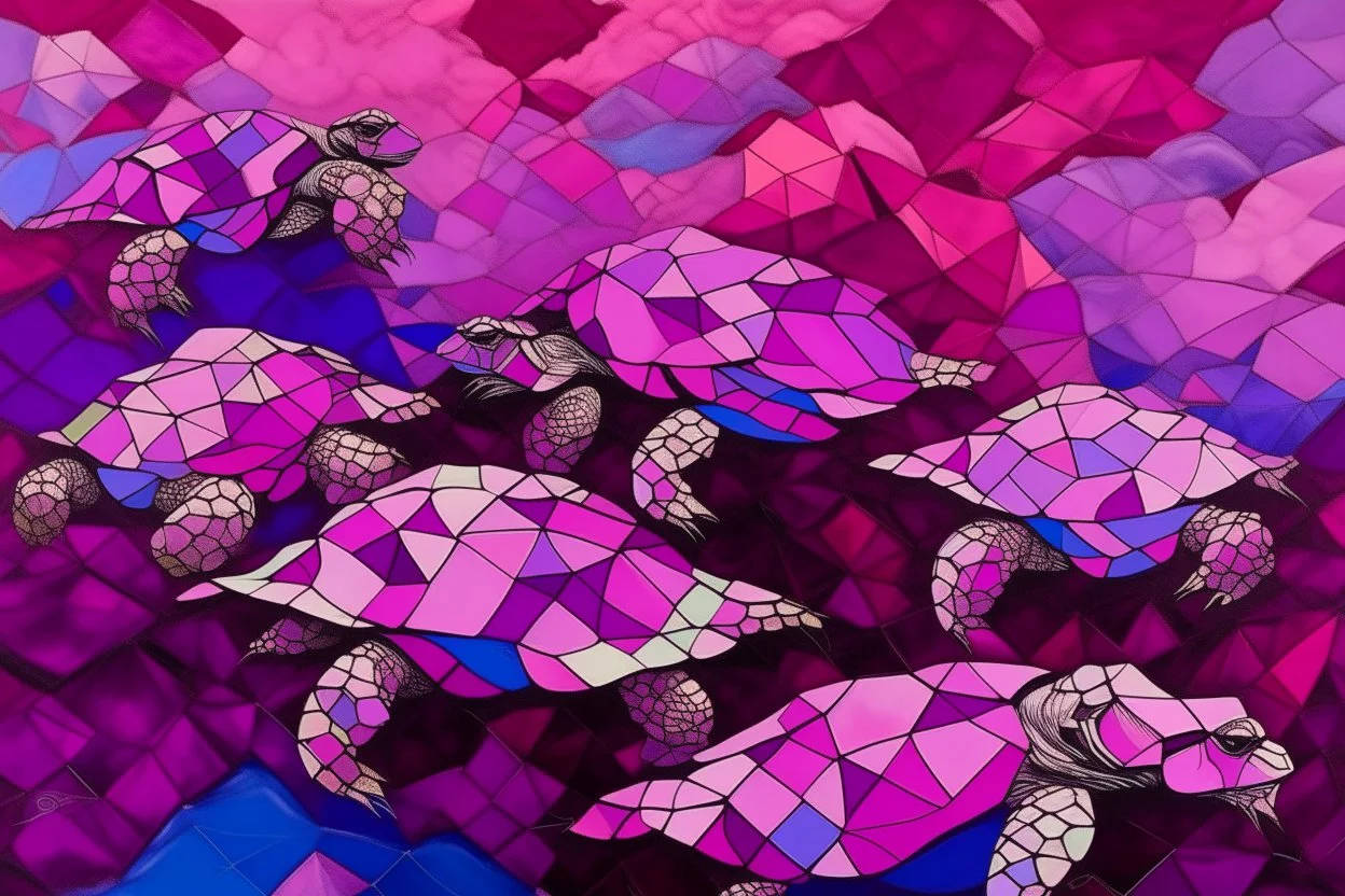 A purplish magenta sky with flying turtles designed in Japanese origami painted by Antoni Gaudi
