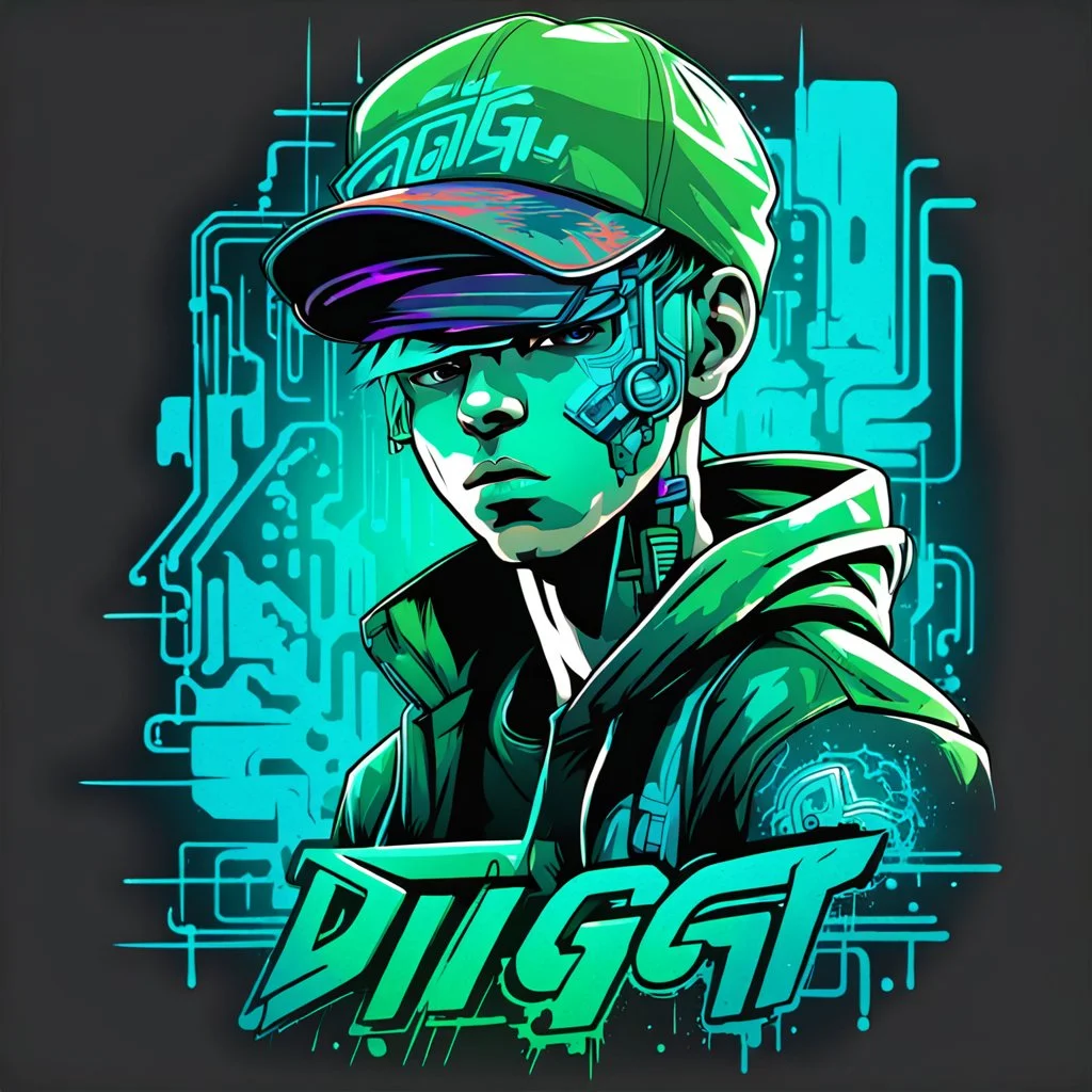 Vector t shirt art ready to print green blue light color graffiti illustration of a cyberpunk boy and a basecap with text "Digi".On cap, white background.