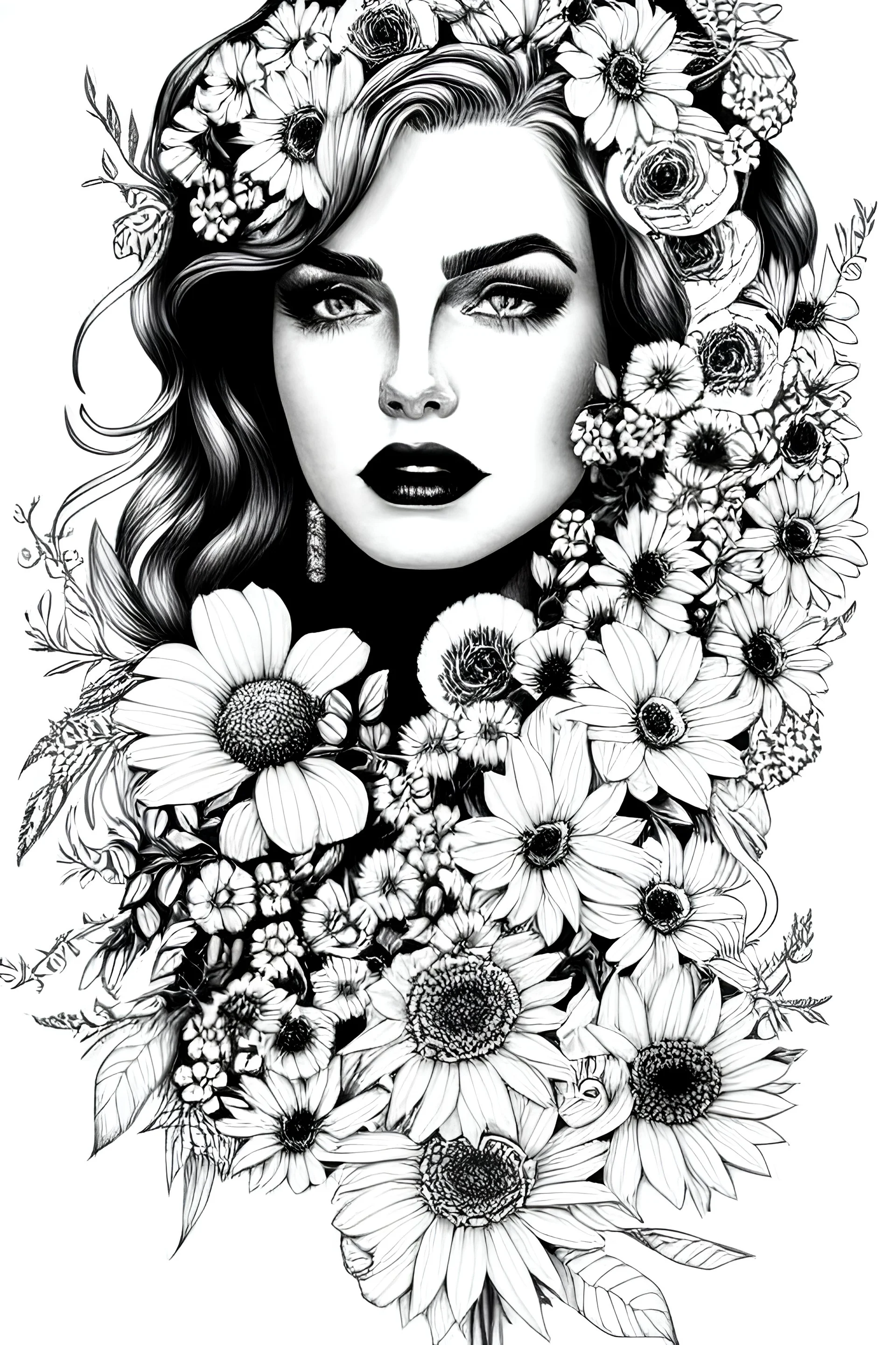 hyper detailed, black and white, thick line, coloring book illustration, lineart, stunningly beautiful woman in flowers, jim lee