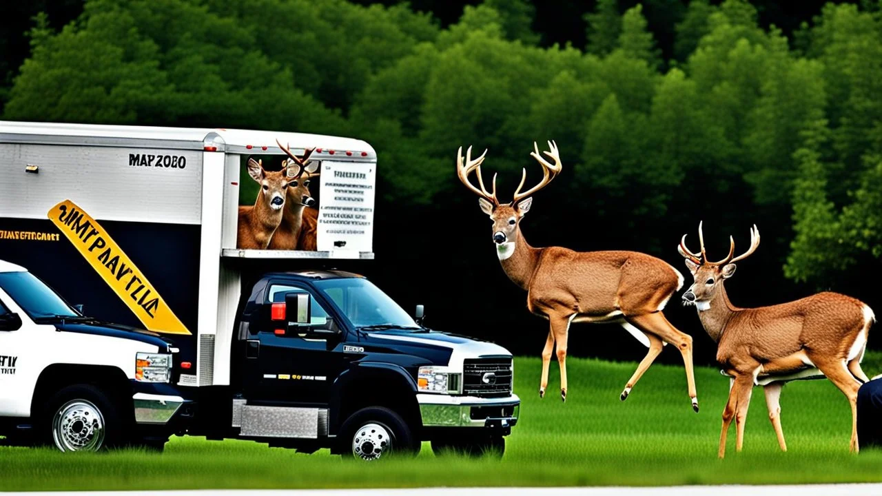 3 deer that look like Mafia Goons take charge at the moving truck company corporate complex using Human like Mafia tactics brute force