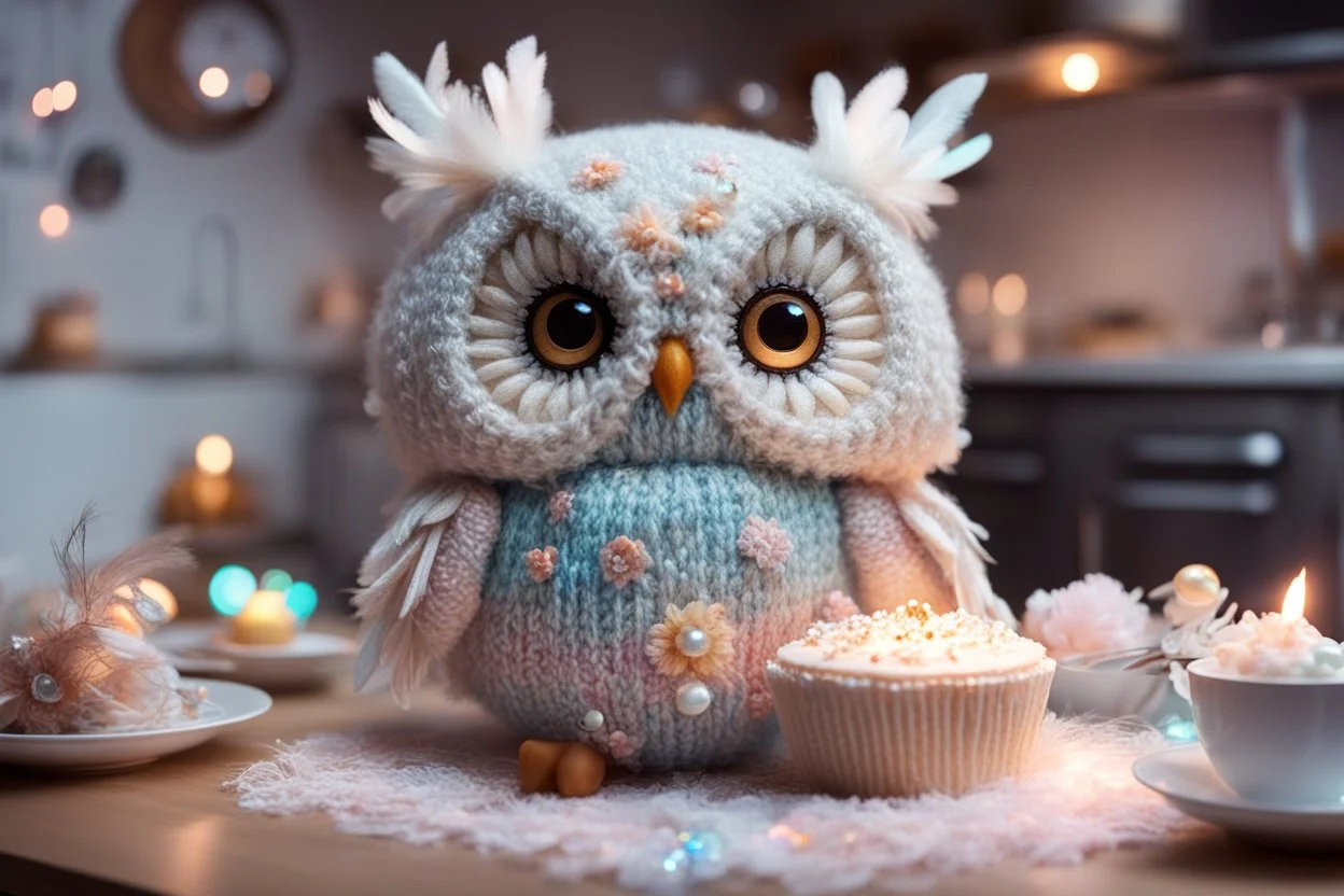 cute chibi plushy fluffy knitted and embroidered natural colored owl with cake in a kitchen, feathers, iridescent flowers incorporated, light emitting, bioluminescent holographic room, silver foil, sparkling diamonds, holographic raw pearls, ethereal, cinematic postprocessing