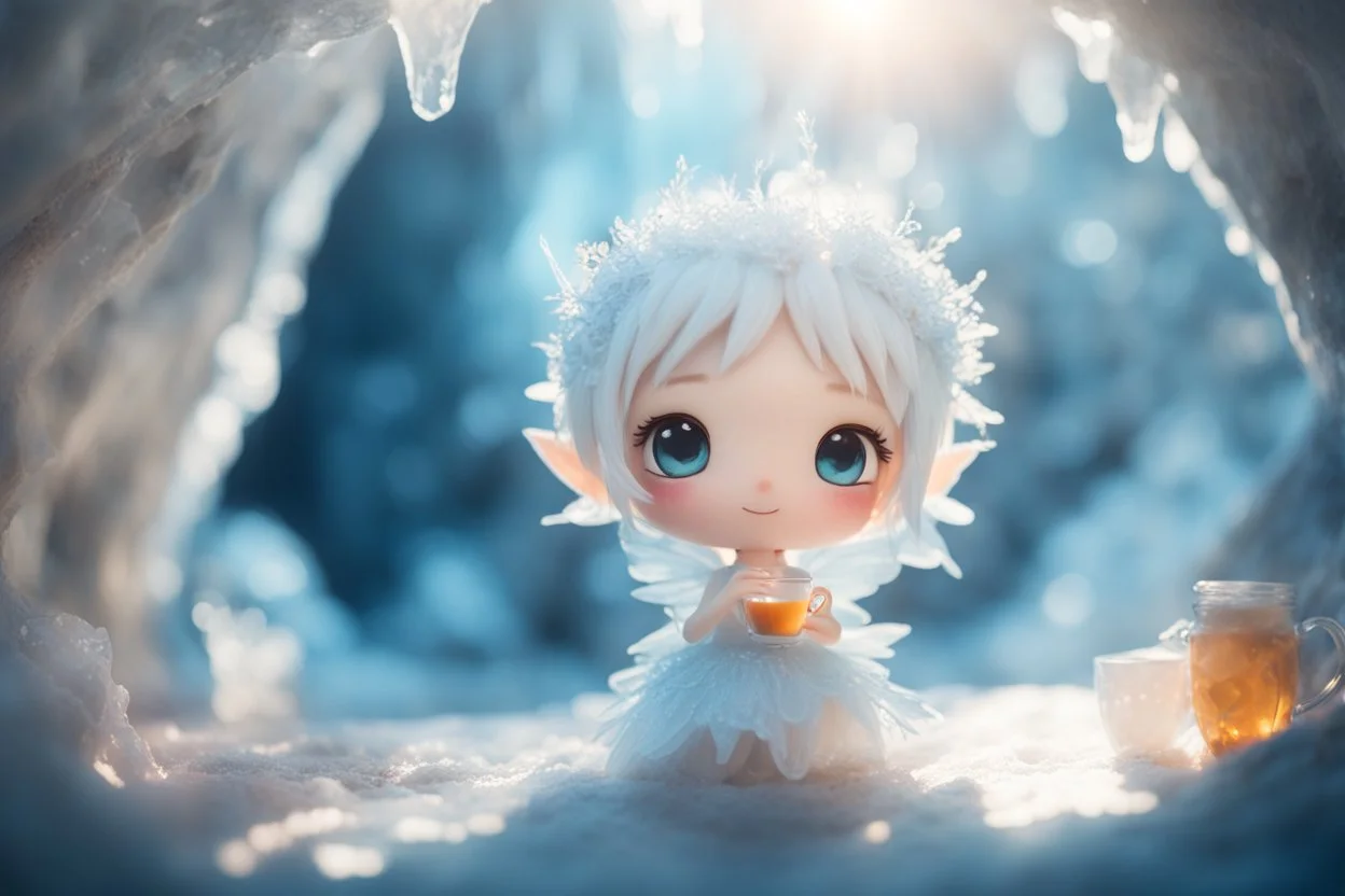 cute chibi ice fairy in an ice cave with tea in sunshine, ethereal, cinematic postprocessing, dof, bokeh