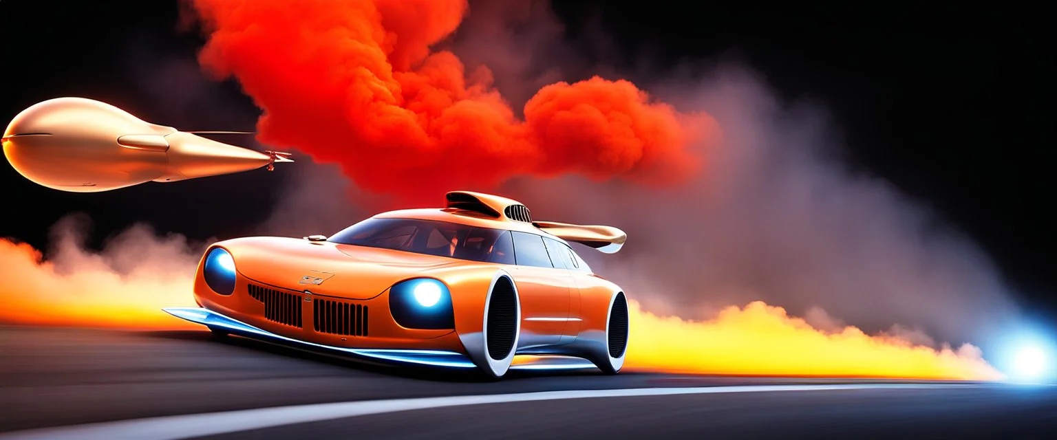 award winning car and driver photograph of a futuristic station wagon dirigible hybrid designed by only one vehicle per image painted metallic orange traveling at a high rate of speed, jet intake off of front center of vehicle and jet exhaust out the rear with bright blue flame, bilaterally symetrical, more a high speed road vehicle