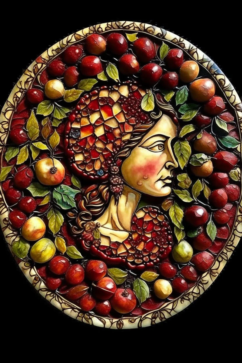 Vintage mosaic, cracked glaze, beautiful {select: woman/roserpine}, pomegranates in her hair, pomegranate fruits at her table, sun and moon, breath-taking realistic.