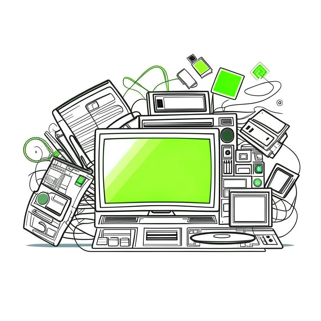 "Declutter & Upgrade. Save Money on Used Electronics." web lik facebook design graphic, vector, contour, white background