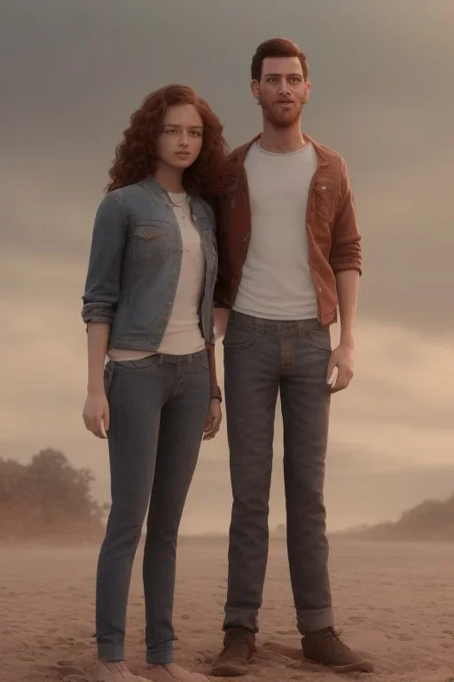 Jeune couple, visages hyper détaillés, réaliste. Fille rousse aux cheveux raides et longs, garçon grand, musclé aux très longs cheveux bruns très bouclés. Fille jean pull, garçon tenue de bûcheron.