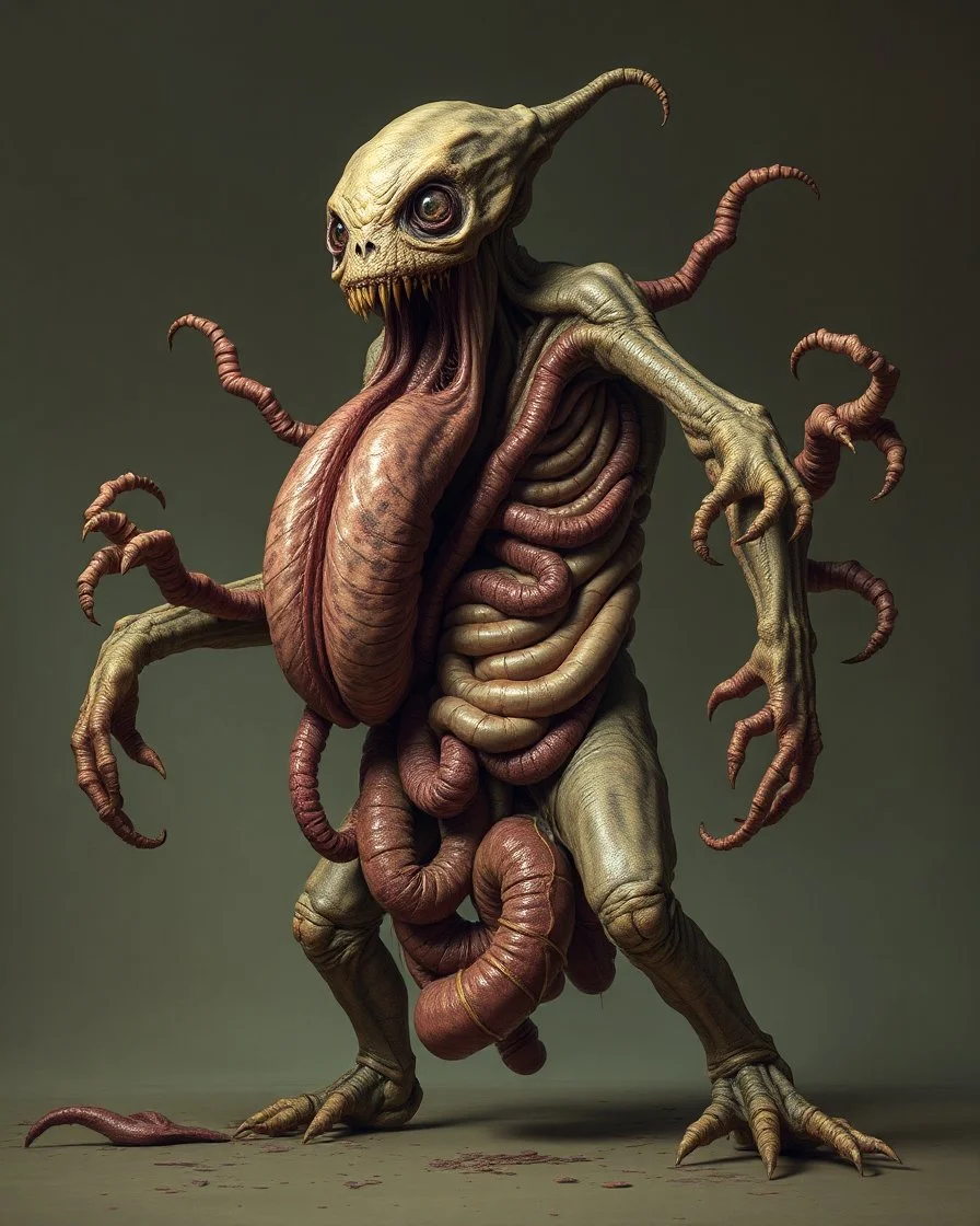 A horrific disgusting intestines and guts horror monster blob consuming a human with mutated deformed body many limbs, poisonous mutant creature, flesh, bones, anatomical structures