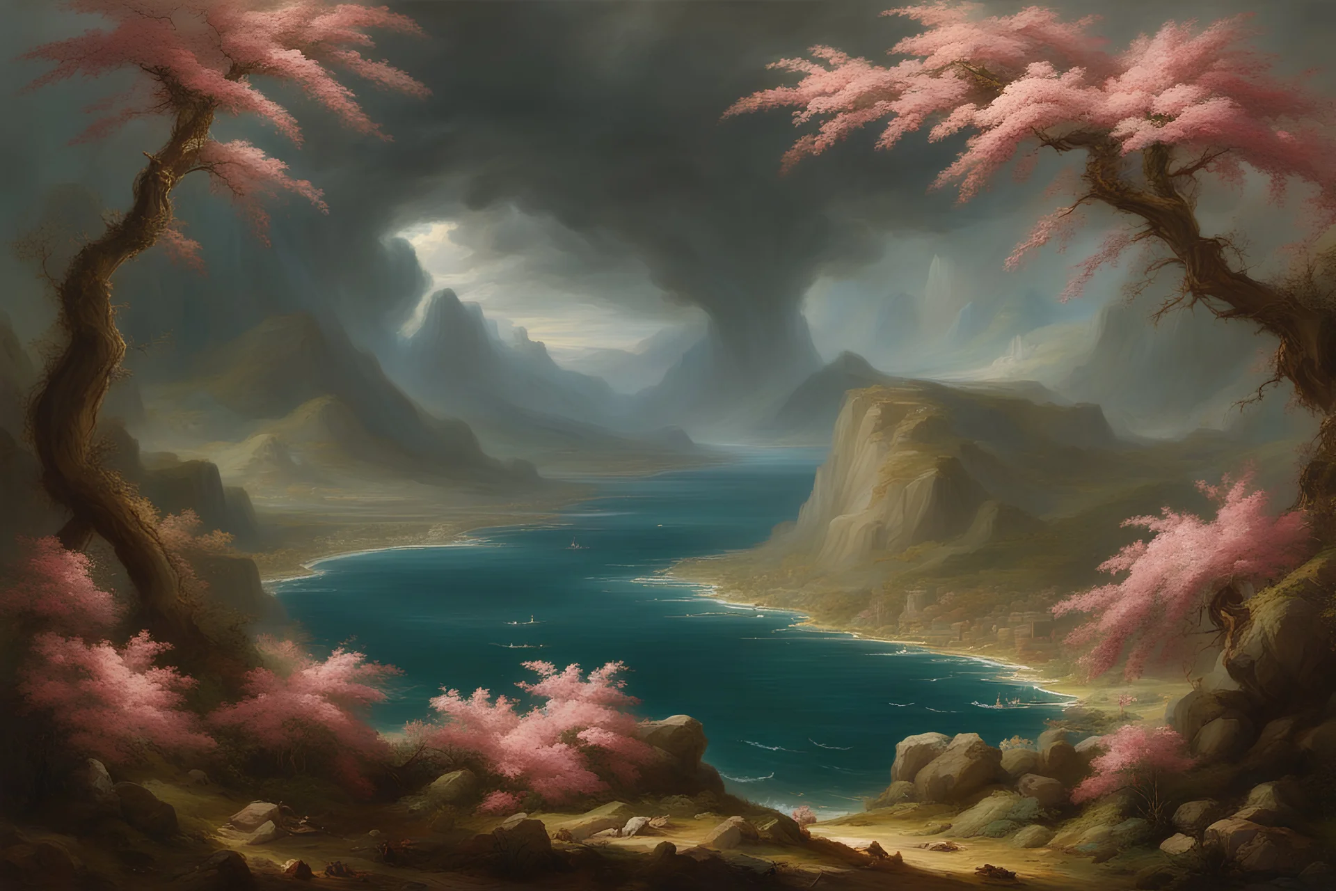 In style of Thomas Cole's The Course of Empire. He marches out in the whirlwind and raging storm; dark storm clouds billow like dust under his feet. He shouts a battle cry against the sea and makes it dry up; he makes all the rivers run dry. the blossom of Lebanon withers. The mountains tremble before him, the hills convulse; His wrath is poured out like volcanic fire, boulders are broken up as he approaches. The LORD is good, a fortress in time of distress, and he protects those who seek refuge