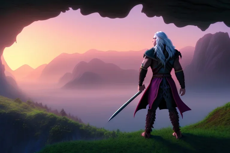 dark elf man, drizzt, pink eye, fantasy, forest, sunset, mystic, fog render unreal, cave exit, mountain, 2 scimitars, big landscape, green raincoat, green hood