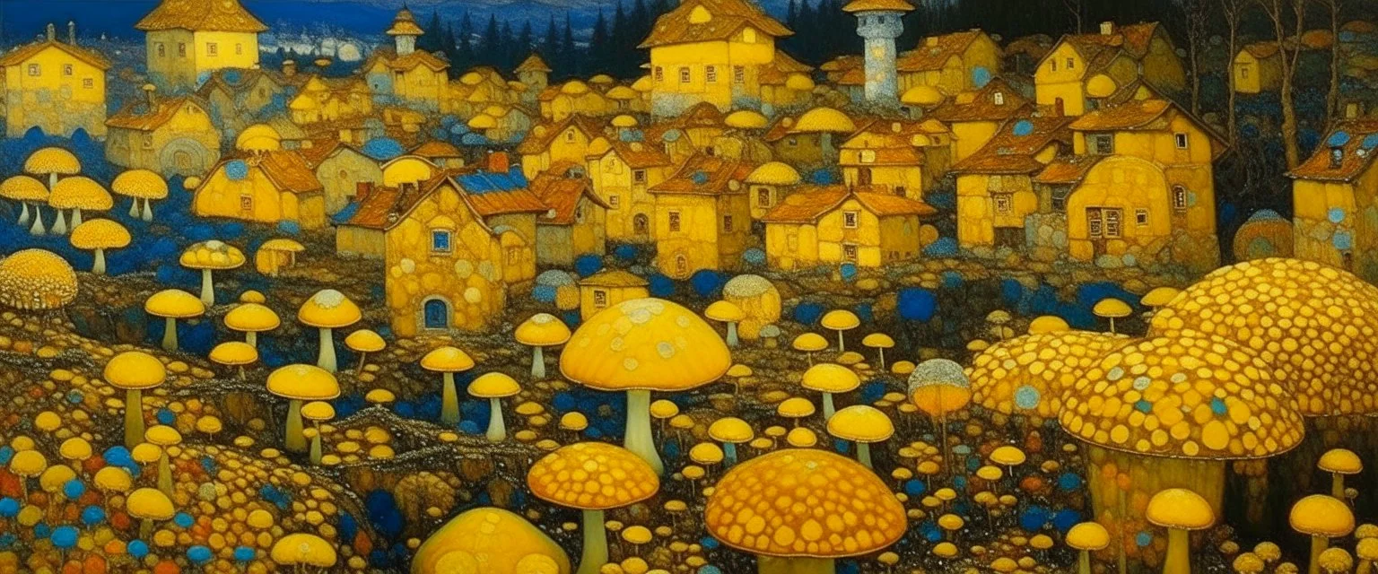 A yellow neighborhood with glowing mushrooms painted by Gustav Klimt