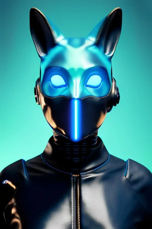 Medium Close Up Portrait, Front image. cyberpunk, rabbit mask, Italian woman, cyan short hair. latex, carbon suit. Cyan, black, blue, color. Akira style. Color background, photo studio. Neon, Led lights, Avatar image, highly detailed, concept art, smooth, unreal engine 5, god rays, ray tracing, RTX, lumen lighting, ultra detail, volumetric lighting, 3d, finely drawn, high definition, high resolution.