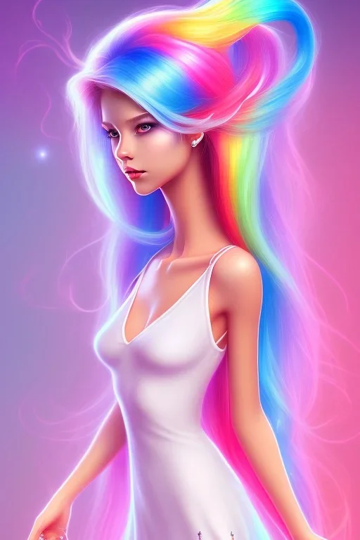 girl, cute, beautiful, long hair, rainbow hair, white dress