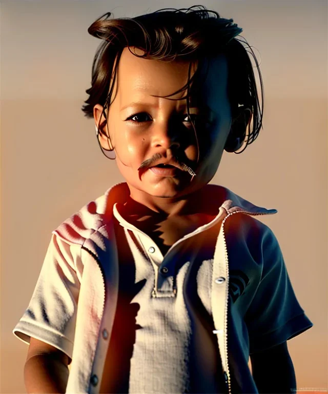 Johnny Depp toddler, full body, shoe, car, dramatic lighting, hyper realistic