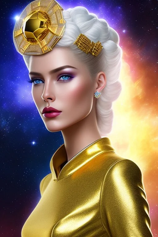 Beautiful tall woman Pleiadian galactic commander, ship, perfect detailed face, detailed golden galactic suit, high rank, long blond hair, hand with five perfect detailed fingers, amazing big blue eyes, smiling mouth, high definition lips, cosmic happiness, bright colours, blue, pink, gold, jewels, realistic, real photo, bright and sunny background, very detailed, high contrast, high definition 8k, pixel 512X512, unreal engine 5, extremely sharp details, light effect, br