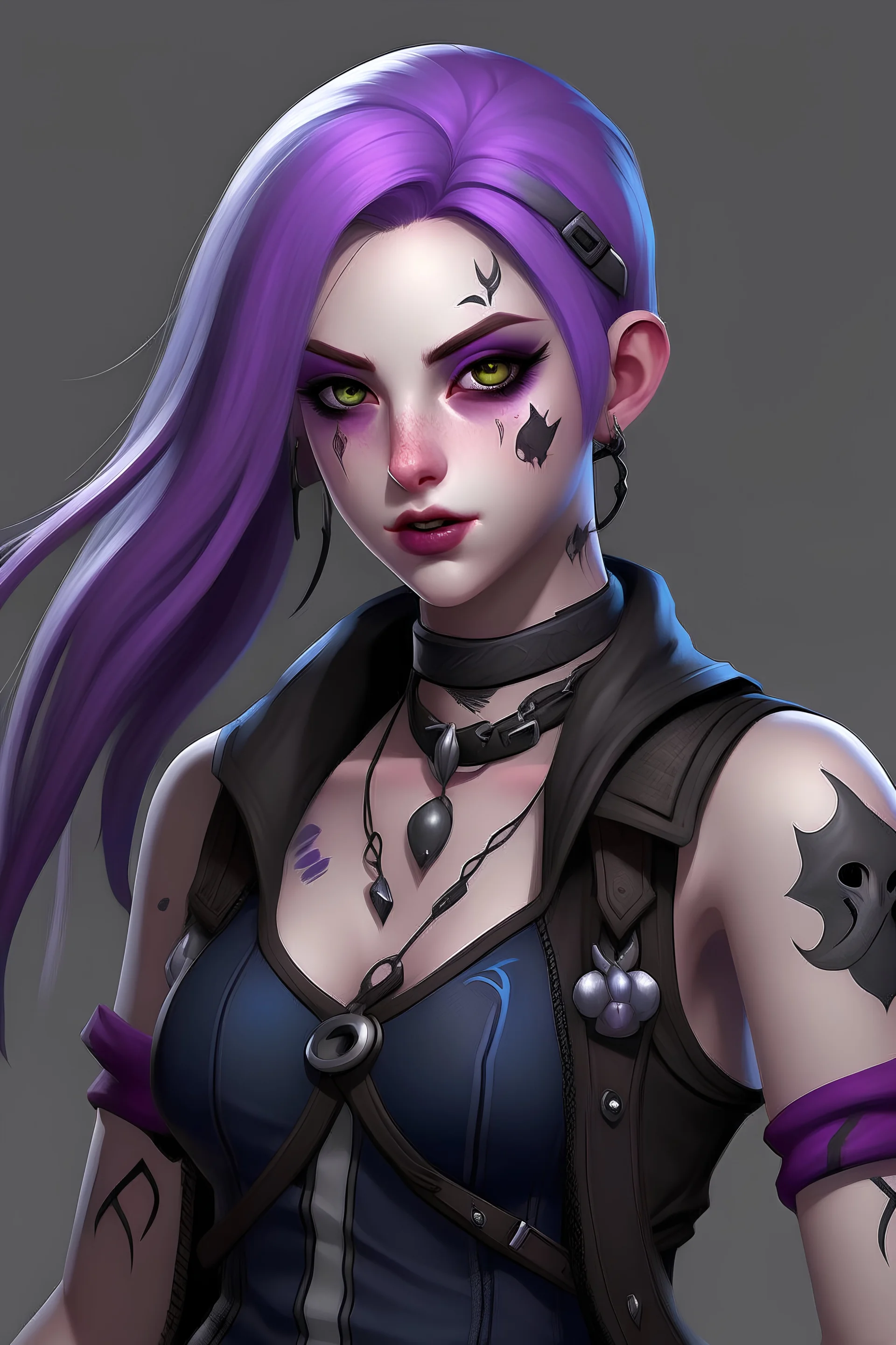 Jinx from league of legends female with black, grey, white, and purple coloration and clothing in a realistic style