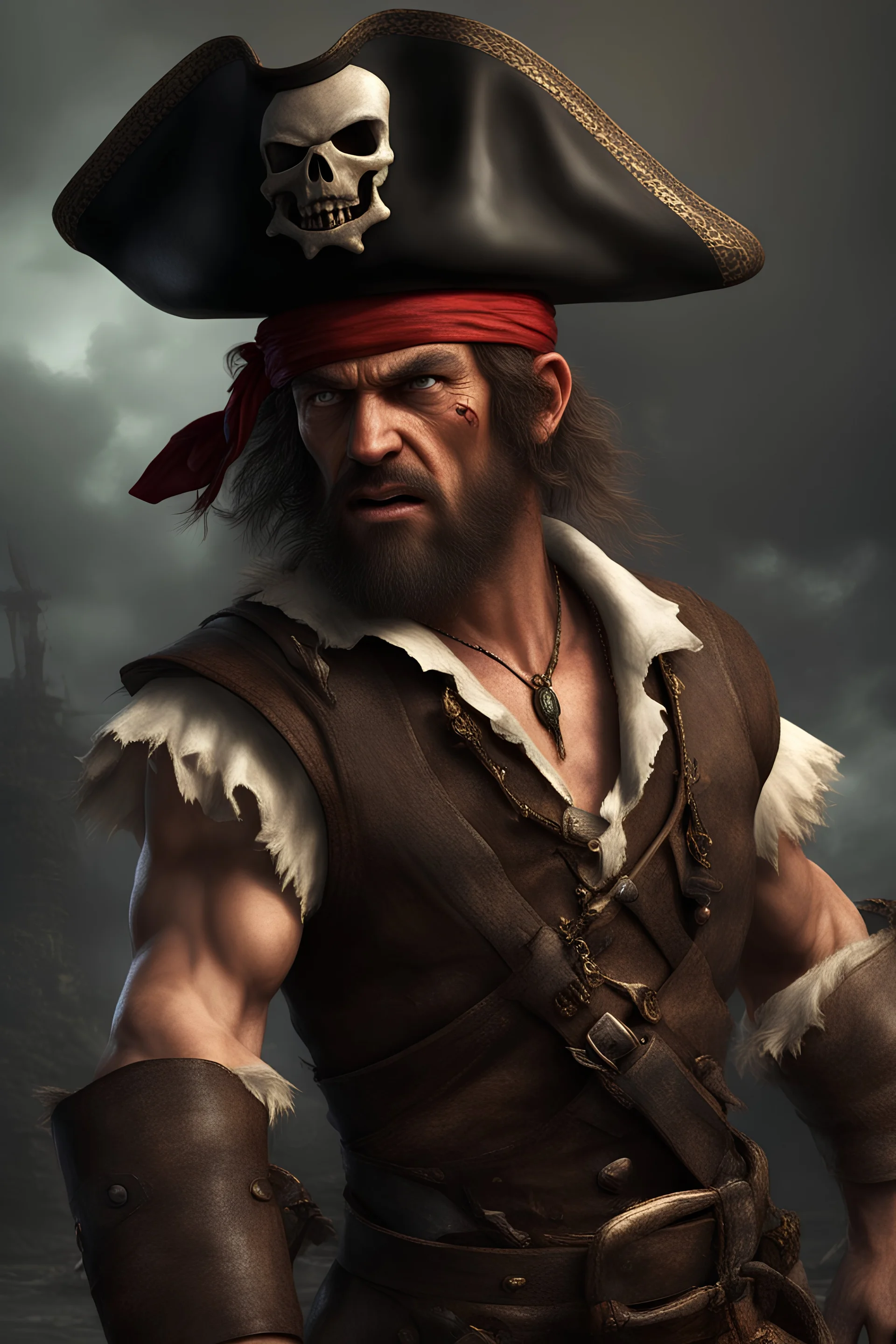 A photorealistic picture of an angry, but handsome short pirate