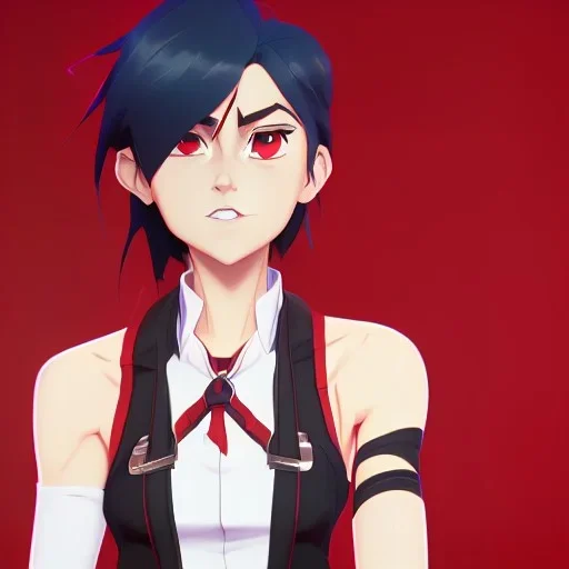 Ryuko Matoi,black skirt,black crop top,suspenders,red tie,red ahoge,Full Round Face