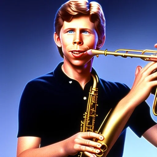 Ron howard as richie from happy days playing the saxophone, his eyes are closed, rock band, saxophone lips