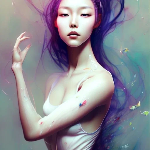 Asian woman, leaning pose, latex suit, realistic body, watercolor illustration by <agnes cecile>, full body,