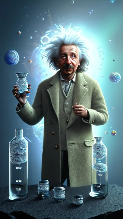 Albert Einstein, detailed and intricate calligraphy ink painting of a "cyborg Mad Scientist" holding beakers, outer space Background cosmic fractals, dystopian, concept art, unreal engine 5, god rays, ray tracing, RTX, lumen lighting, ultra detail, volumetric lighting, 3d, finely drawn, high definition, high resolution. award-winning: professional portrait: atmospheric: commanding: fantastical: clarity: 16k: ultra quality: striking: brilliance: stunning colors: amazing depth: masterfully crafted