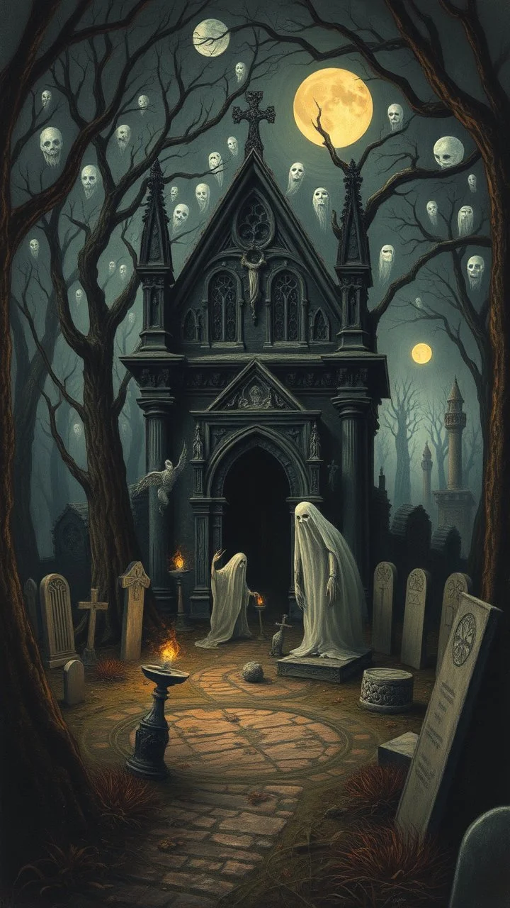 Hieronymus Bosch style , a graveyard with ghosts