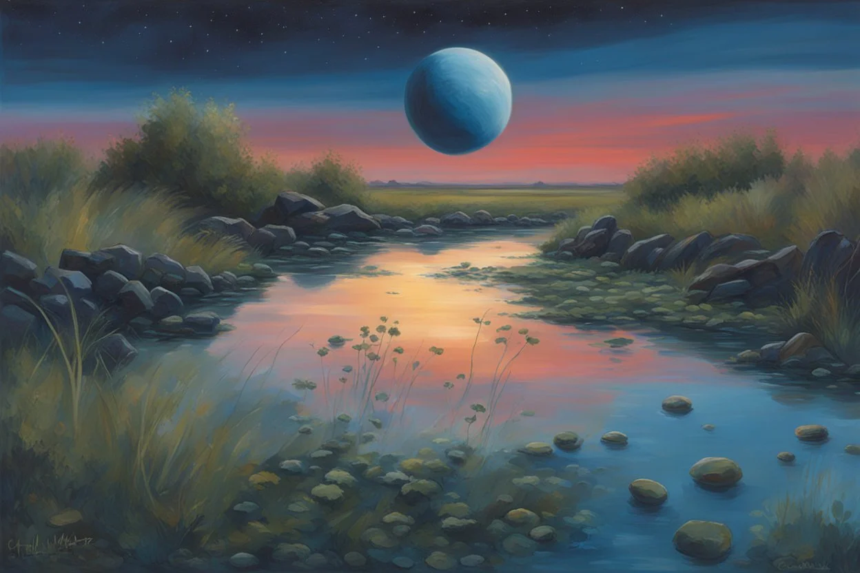 Dark blue sky with one exoplanet in the horizon, rocks, puddle, weeds, sci-fi movies influence, epic, ernest welvaert, and charles leickert impressionism paintings